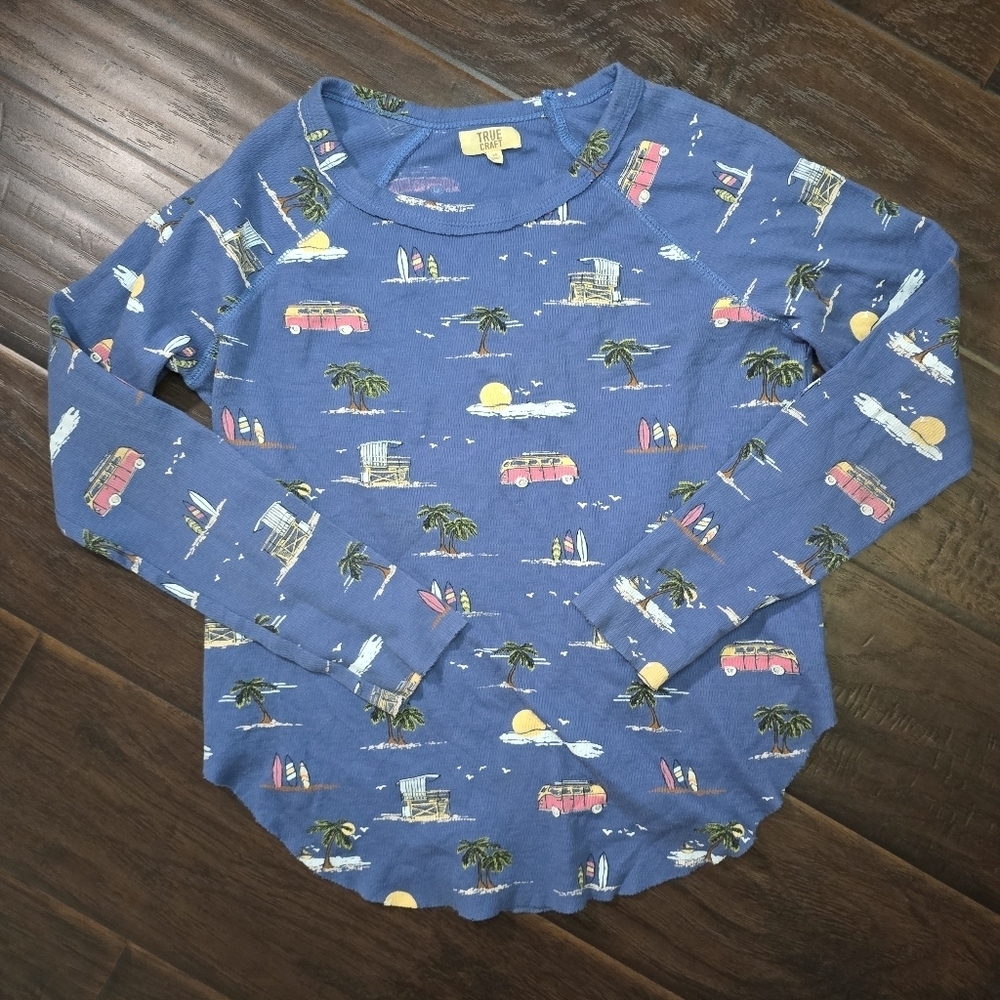 True Craft Womens Blue Tropical Vacation Long Sleeve Top XS